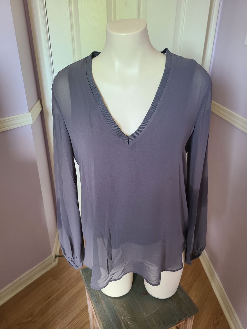 Zara Slate Gray V-Neck Long Sleeve Blouse
